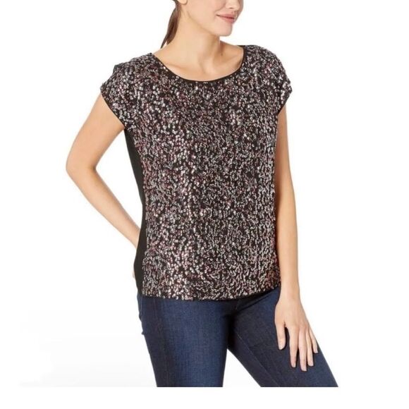 VINCE CAMUTO WOMEN Large Multi Sequined-front Solid Back cap Sleeve Blouse - Picture 1 of 7